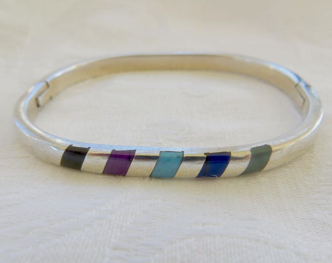 Sterling Silver Bangle Bracelet, Gemstone Inlay, Mexican Silver Vintage Bangle, Made in Mexico