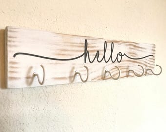 Hello key holder, leash holder, entryway sign, shabby chic, mudroom sign, sign with hooks, wall organization, key hanger, leash hanger, Keys