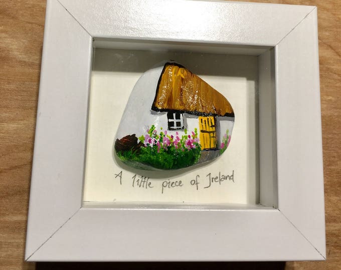 Irish thatched cottage, painted rock, framed