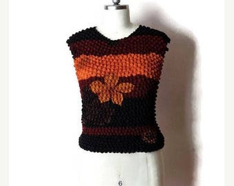ON SALE Vintage Stretchy crinkly Popcorn Blouse from 90's/Orange/Brown*