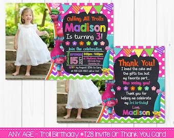 SALE - Troll Birthday Invitation Or Thank You Card - Any Age - Custom Printable Digital File - Photo Card Printable