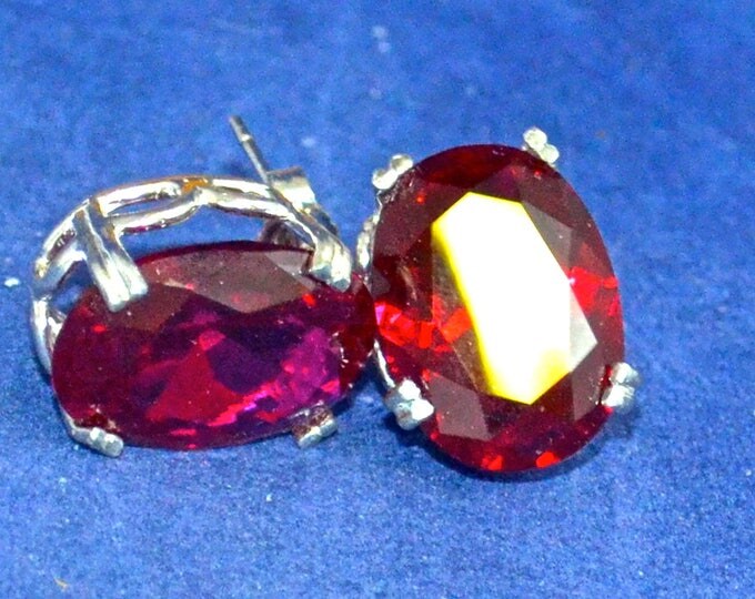 Large Red Zircon Studs, 18x13mm, Natural, Set in Sterling Silver E1105