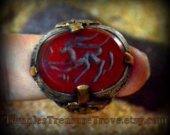 Afghani Islamic Ring/800 Silver and 4 prong brass Aqeeq Ring/Carnelian Intaglio Signet Powerful Talisman Unisex Hand Crafted Ring Circa 1940