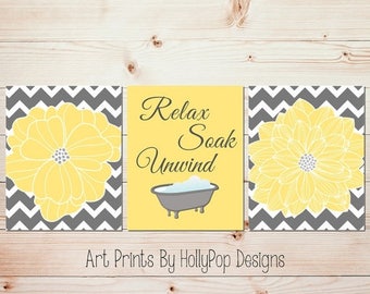 Yellow gray bathroom wall decor Bathroom art prints Yellow wall art Relax soak unwind Modern floral bath decor Dahlia prints bathroom #1063