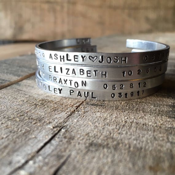 Handstamped metal cuff personalized with quotes names dates or