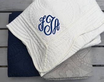 Monogrammed Baby Heirloom Quilt / Blanket - Gray, White or Navy Blue