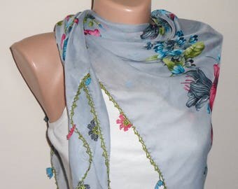 gray scarf pink green scarf floral print scarf oya scarf yemeni scarf gift for her turkish scarf