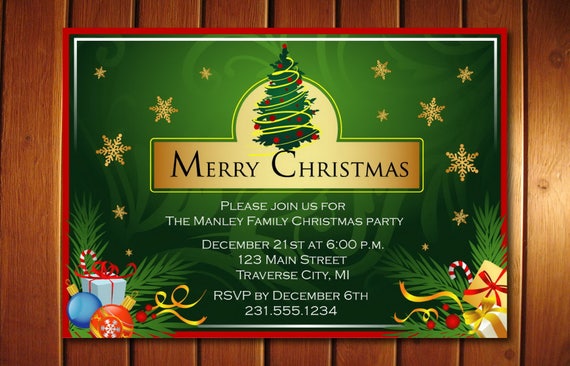 Golden Flakes Christmas Party Invitations - Green Tree - Company Christmas Invitation Il_570xn