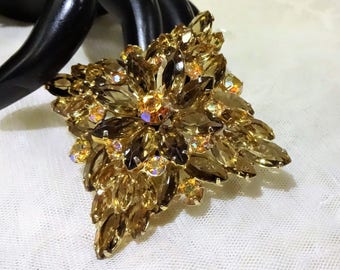 Beautiful Large Vintage Smoky Topaz and AB Rhinestone Tiered Brooch