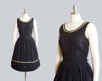 Vintage 1950s Dress | 50s Black Cotton Sundress Striped Trim Full Skirt Sleeveless Day Dress (large)