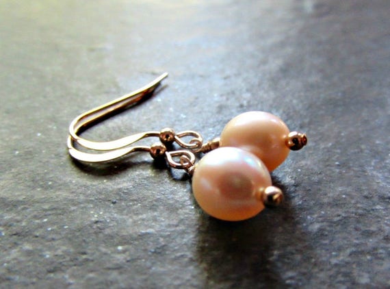 Peach Pearl Earrings Freshwater Drops Sterling Silver 14K