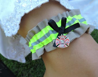 Firefighter wedding garter, With optional embroidered name added. Tan bunker gear