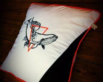 Scandi hand printed floral whale wave cushion// Orange contrast piping// home decor black/ white/ orange