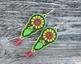 Green Leaf earrings Long Beadwork Pink Green Bead embroidery earrings Unique gifts for her Embroidered jewelry Small gifts for women under50