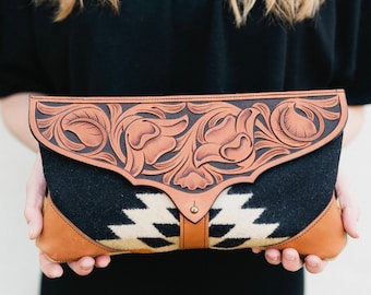 Leather Clutch / Hand Tooled Leather Purse with Pendleton® Wool Fabric