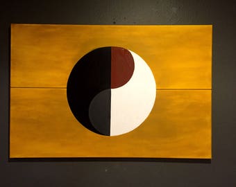 Acrylic, yin and yang, black, gold, white, grey, brown, abstract, art