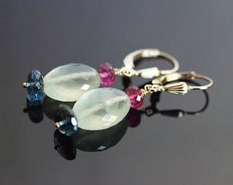 Prehnite earrings, London blue topaz earrings, Prehnite jewelry gift, blue topaz jewelry, tourmaline earrings, green earrings, lever back