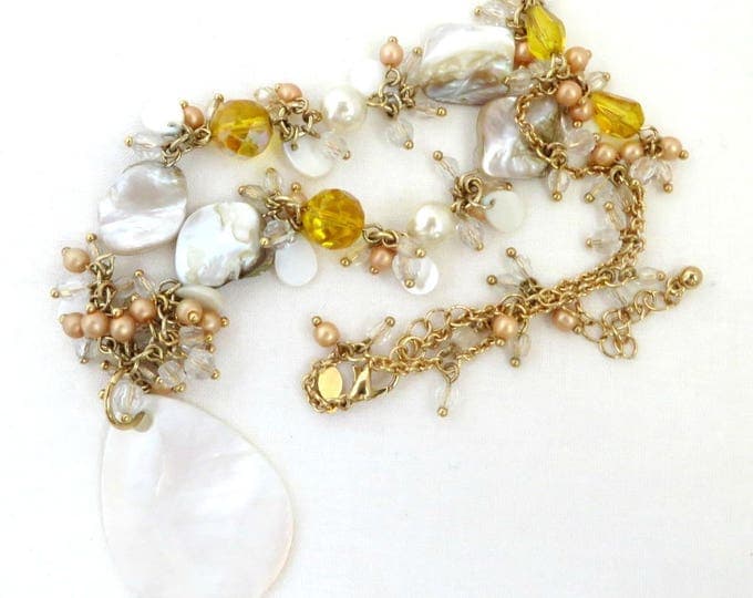 Vintage MOP Beaded Necklace, Premier Designs Shell & Beads Gold Tone Necklace