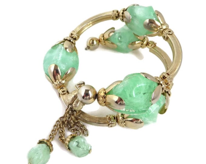 Green Bead Wrap Bracelet, Vintage Gold Tone Dangling Bead Bracelet