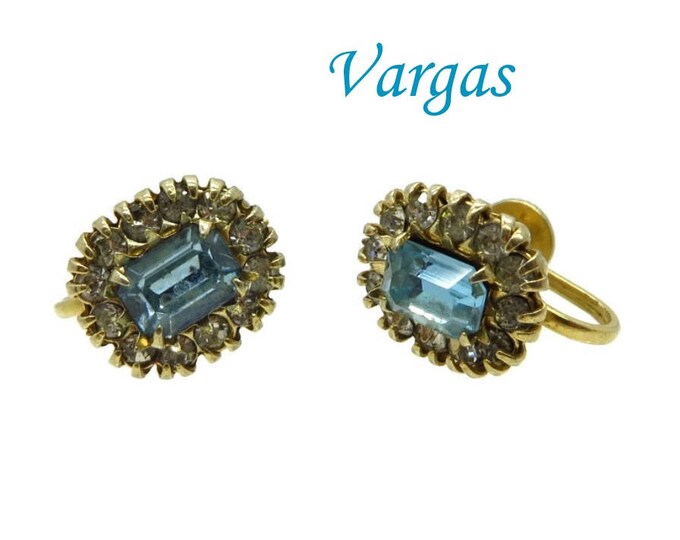Vargas Rhinestone Earrings - Vintage Blue Rhinestone Screwback Earrings, Gift idea, Gift Box