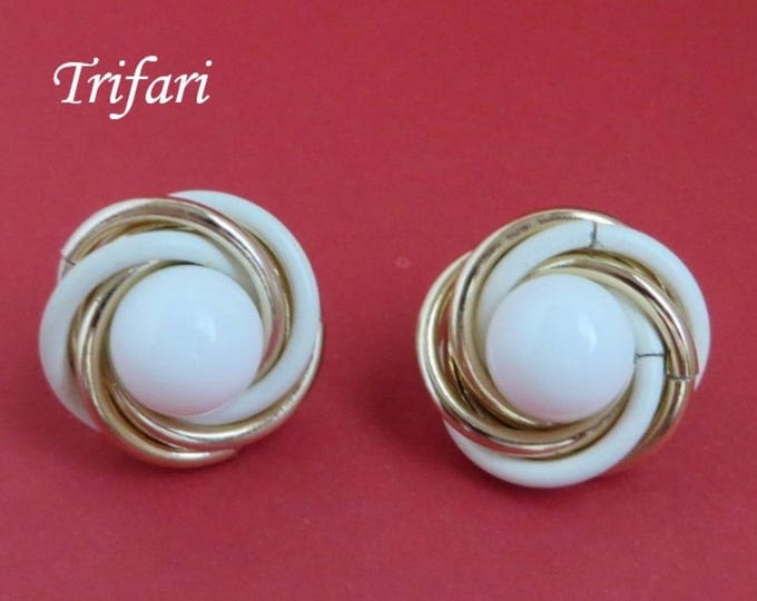 Trifari White Gold Earrings - Vintage Designer Signed Swirl Clip-on Earrings