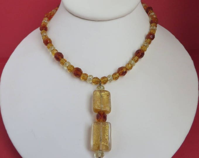 Amber Glass Necklace - Vintage Glass Pendant Necklace, Boho Beaded Jewelry, Gift for Her, Gift Boxed