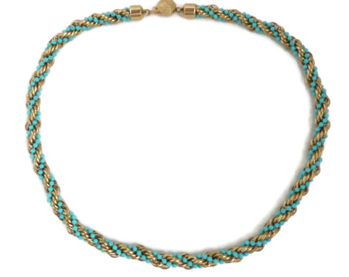 AVON Necklace - Vintage Turquoise & Gold Bead Rope Twist Necklace, Valentine's Day Gift, Gift Boxed