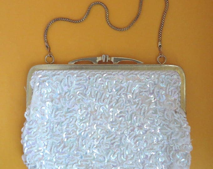 Vintage White Beaded Purse - Faux Pearls & Sequins, British Hong Kong Chain Handled Evening Bag, Disco Handbag, Gift for Her