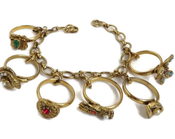 Vintage Charm Bracelet - Gold Tone Ring Charms Link Bracelet, Gift for Her