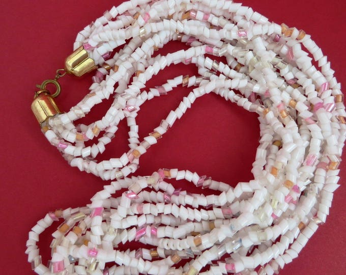 Vintage White Beaded Necklace - Multistrand Tube Bead Necklace