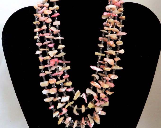 Japan Shell Necklace, Vintage MOP Multi-Strand Natural Pink Shell Island Style Necklace, Gift for Her