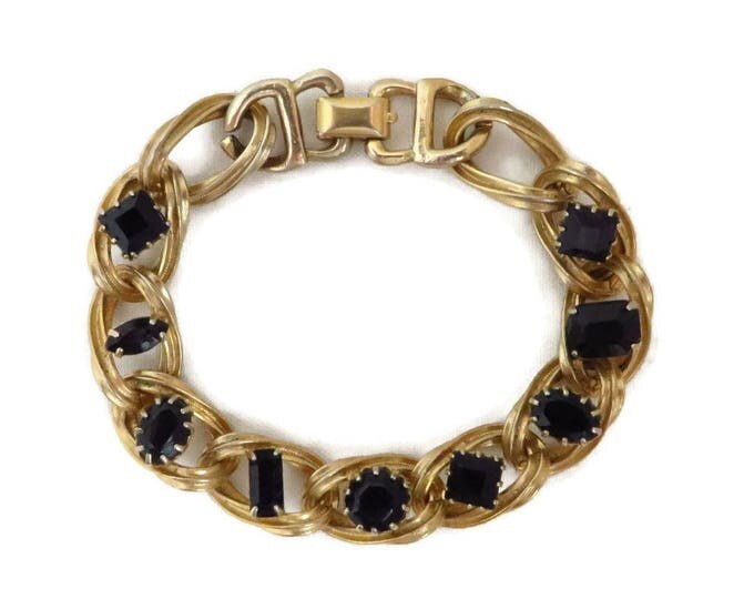 Black Rhinestone Bracelet - Vintage Gold Tone Chain Link Bracelet, Gift for Her