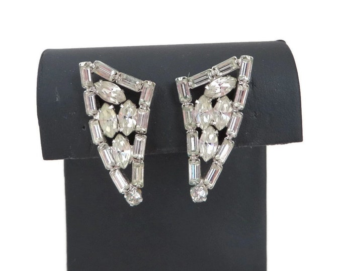 Rhinestone Earrings, Vendome Earrings, Vintage Silver Tone Triangle Clip-on Earrings, Bridal Jewelry, Formal Wear Gift Idea