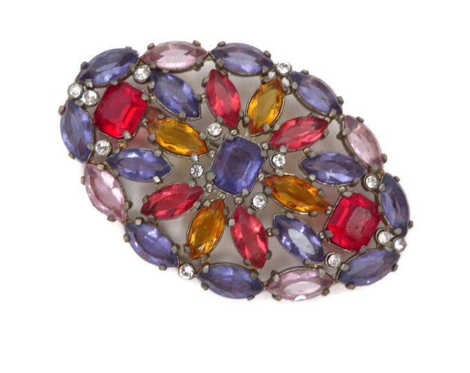 Pink & Purple Rhinestone Brooch, Large Oval Brooch, Vintage Mid-Century Costume Jewelry, Purple Pink Pin, Gift for Her Pink & Purple Rhinestone Brooch, Large Oval Brooch, Vintage Mid-Century Costume Jewelry, Purple Pink Pin, Gift for Her