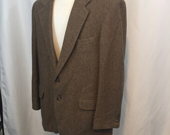 Vintage Men's Tan Brown Slate Blue Hounds Tooth Sport Coat Jacket Blazer 44R Large L Cricketeer 80s Eighties Wool 2 Button Preppy Classic