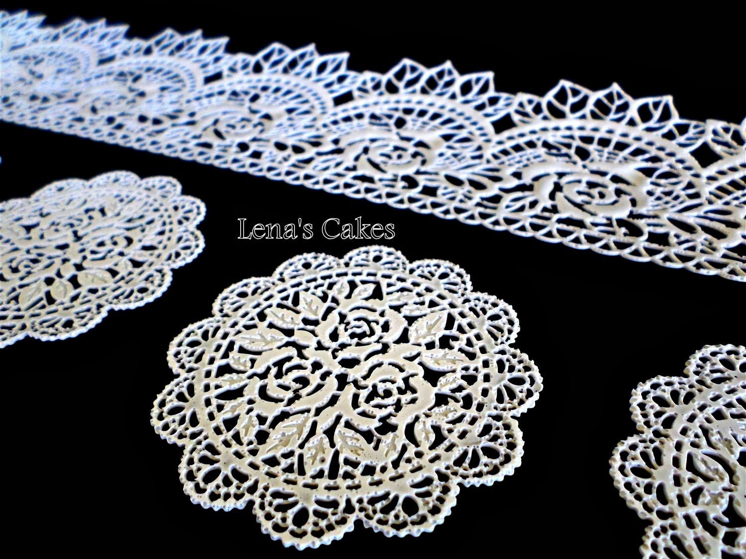 Edible Lace Set 2 Sugar Lace Strips & 5 Sugar Doilies cake