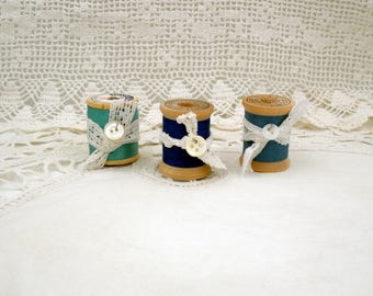 Vintage Wooden Spools of Thread-Set of Three in Shades of Blue