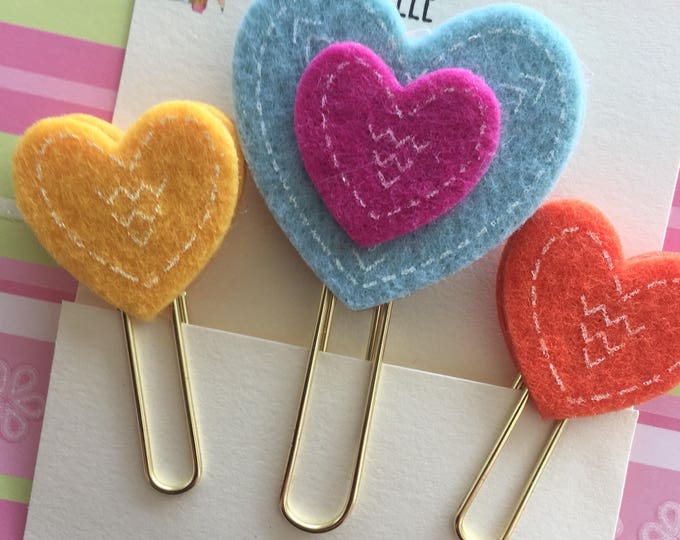 Three Jumbo Gold Planner Clips. Gold Book Markers. Felt Planner Clips. Heart Book Marks