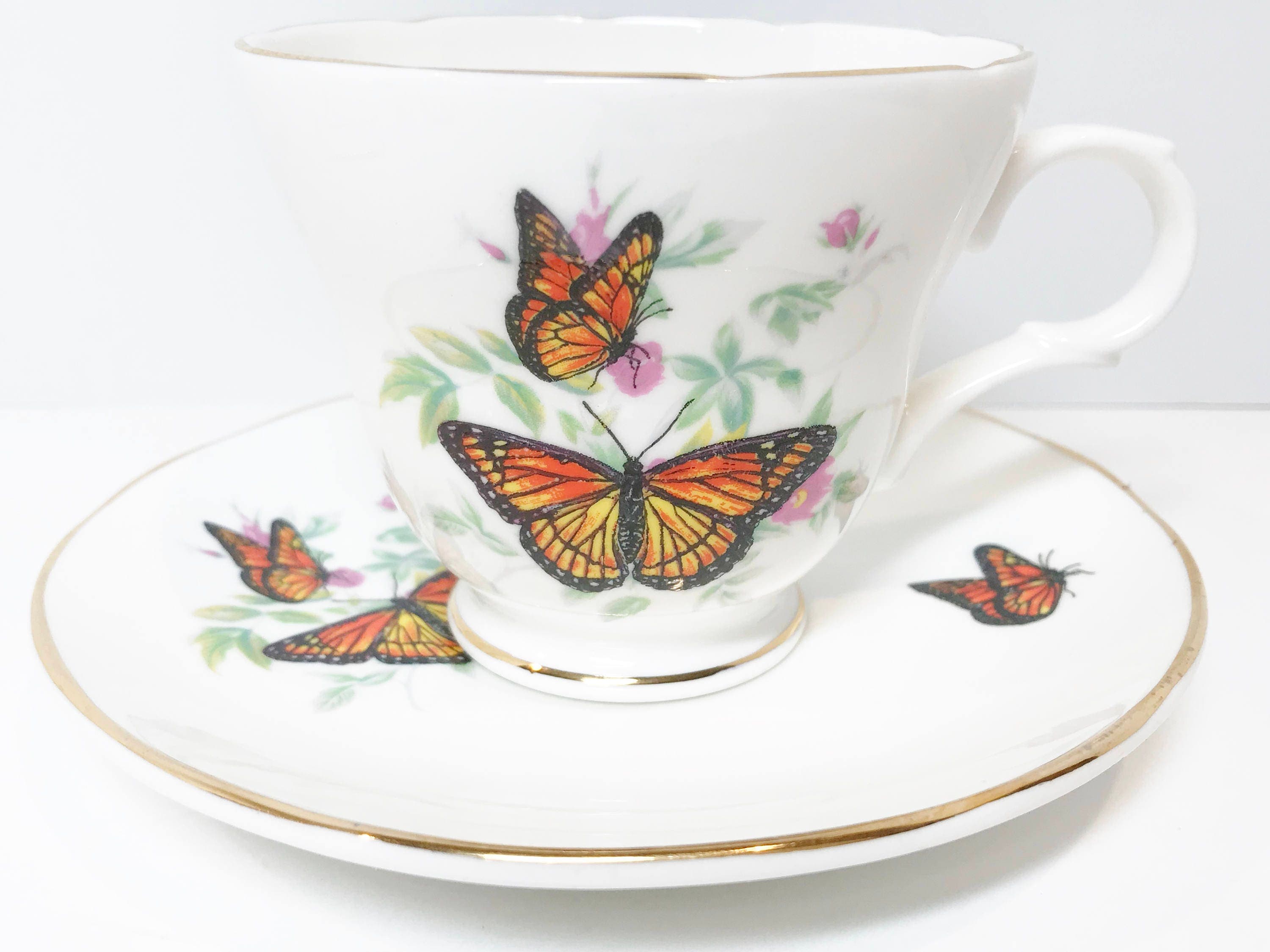Butterfly Tea Cup and Saucer, Crown Trent Teacup, Bone China Tea Cups