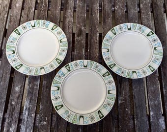 Atomic, Mid century modern dinner plates. "Cathay" starbust by Taylorstone, blue, green & black on white. 1960s.
