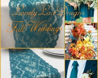TEAL/GREEN Lace Table Runner, 3ft to10ft long x 7"wide/ Wedding Decor/Peacock weddings/ overlay/teal Weddings/centerpiece/Fall weddings