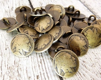 Summer Sale INDIAN HEAD Metal Buttons, 5/8" Antique Brass Metal Button Qty 4 to 12 American Indian Head Nickel 15mm, Coin Reproductions Butt