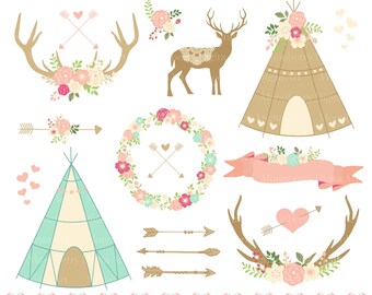 Floral Tribal Clipart "TRIBAL CLIPART" Floral Teepee, Floral Arrows, Tribal Border, Arrows, Floral Antler, Antlers, Floral Wreath, Deer
