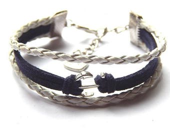 Creative DIY kit anchor bracelet Navy braided cord and suede, Navy Blue and white