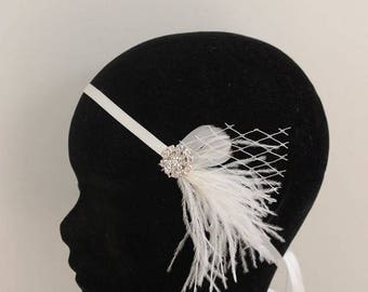 Wedding headband - bride - hair accessory retro, vintage - feathers - veil - satin ribbon - swarovski crystals - bridal hair accessories