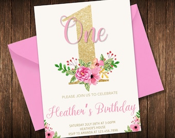 Floral 1st Birthday Invitation, Girl Birthday Invitation, One Birthday Invitation, First Birthday, Printable, Digital, Pink Gold Birthday
