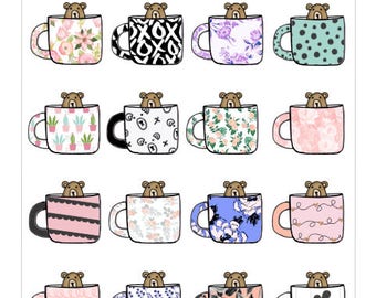 025-Grumpy Bear Loves Coffee-Floral planner sticker sheet