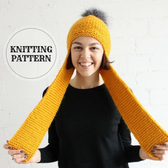 KNITTING PATTERN Long Earflap Hat with Faux Fur Pompom, PDF knitting