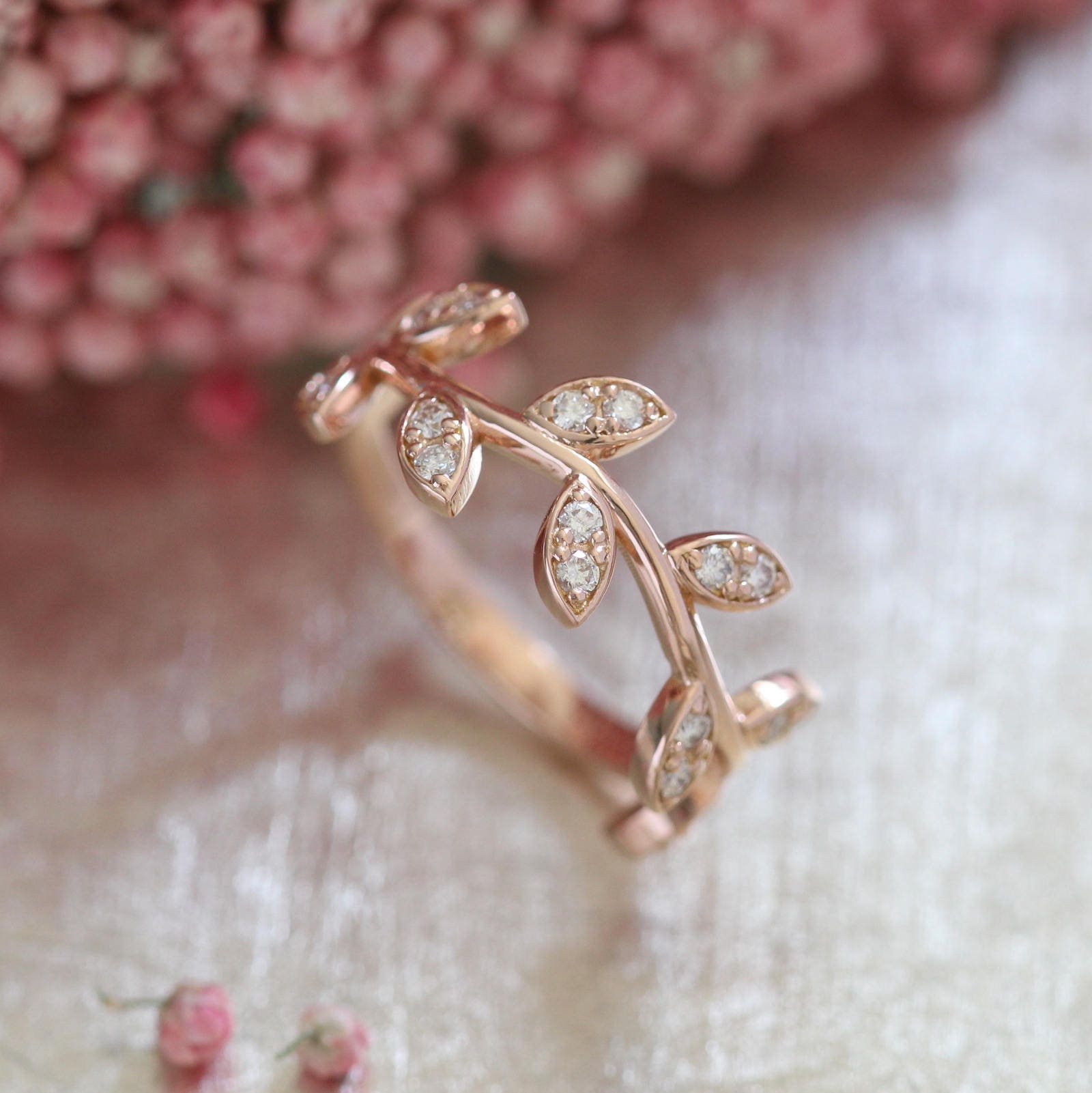 Gold Leaf Diamond Ring in 14k 18k Solid Rose Gold or Platinum