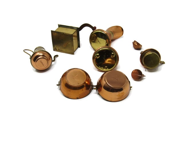 Kitchen and Serving Themed Brass Miniatures with Shelf - Price Imports 8 Piece Set - Classic Forms Made in Japan